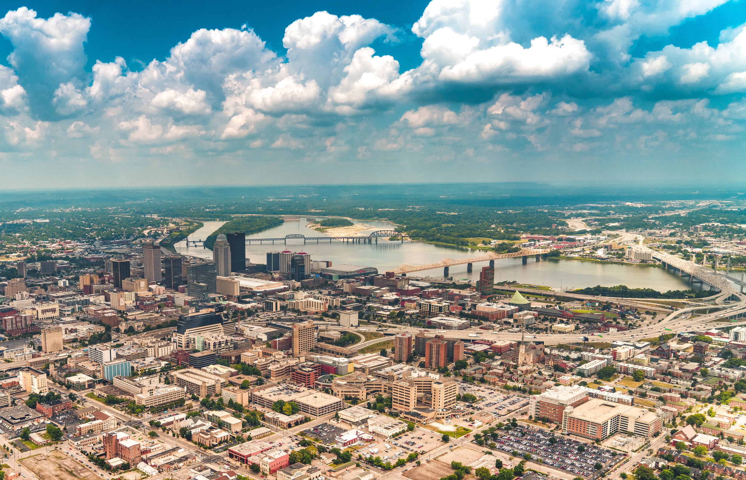 Aerial view of Louisville and the Ohio River from a helicopter