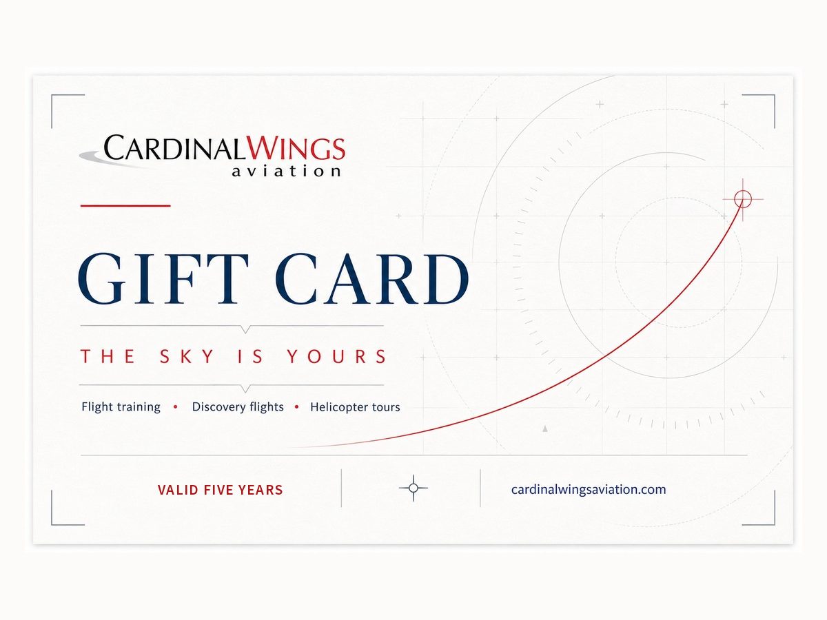 Cardinal Wings Aviation gift card, good for flight training, discovery flights and helicopter tours