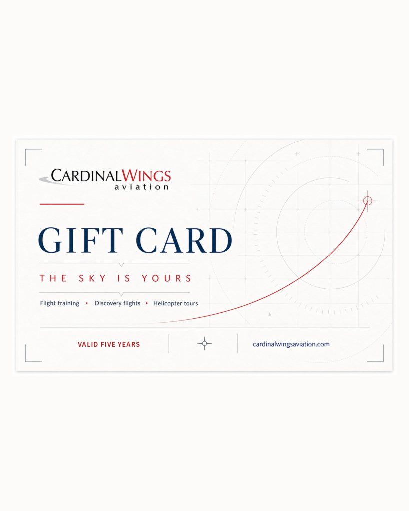 Cardinal Wings Aviation gift card, good for flight training, discovery flights and helicopter tours