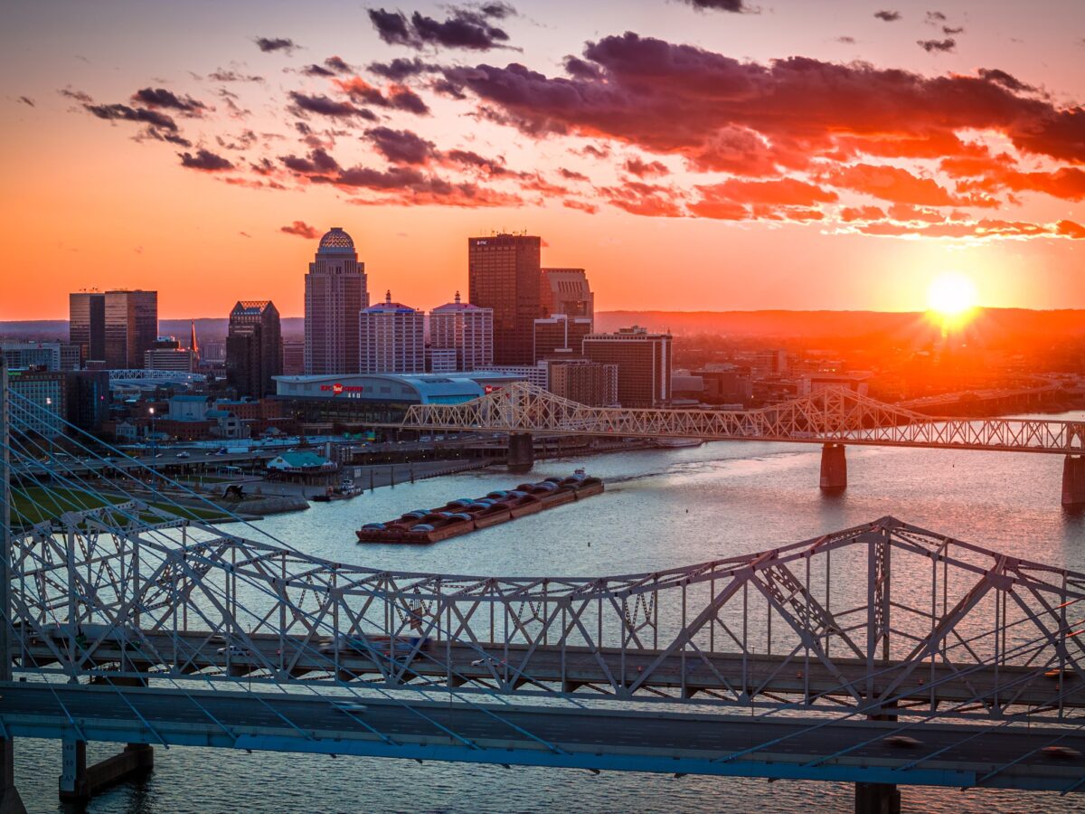Sunset over the Louisville skyline and the Ohio River bridges, seen from the air